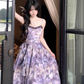 Versatile Spaghetti Straps Lace Print Butterfly Pleated Tiered Ruffle Maxi Dress Women Summer Dress D1993