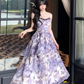Versatile Spaghetti Straps Lace Print Butterfly Pleated Tiered Ruffle Maxi Dress Women Summer Dress D1993
