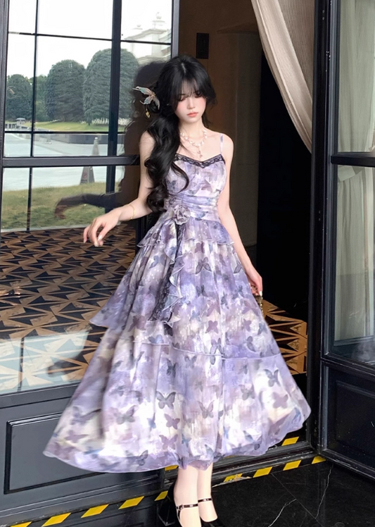 Versatile Spaghetti Straps Lace Print Butterfly Pleated Tiered Ruffle Maxi Dress Women Summer Dress D1993