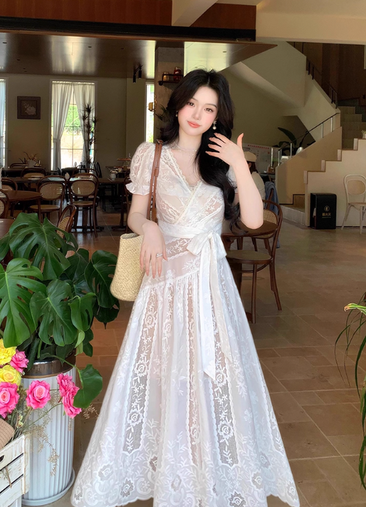 Elegant V-neck Lace Embroidered Lace up Maxi Dress Women Summer Vacation Dress D1994