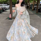 Pretty Halter Oil Painting Style Pleated Maxi Women Skirt Vacation Summer Seaside Dress D1995