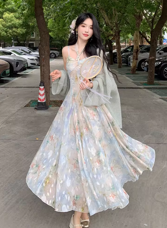Pretty Halter Oil Painting Style Pleated Maxi Women Skirt Vacation Summer Seaside Dress D1995