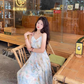 Pretty Halter Oil Painting Style Pleated Maxi Women Skirt Vacation Summer Seaside Dress D1995
