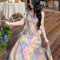 Vintage Spaghetti Straps Oil Painting Floral Butterfly Vacation Maxi Dress Summer Seaside Dress D1996