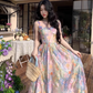 Vintage Spaghetti Straps Oil Painting Floral Butterfly Vacation Maxi Dress Summer Seaside Dress D1996