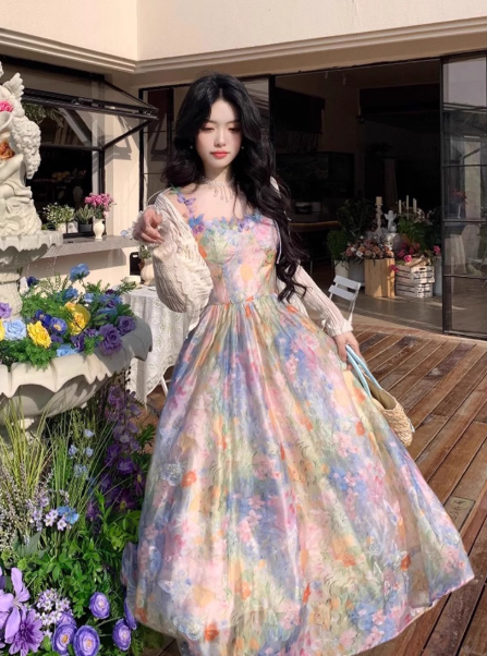Vintage Spaghetti Straps Oil Painting Floral Butterfly Vacation Maxi Dress Summer Seaside Dress D1996