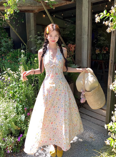 Cute A Line Halter Floral Maxi Dress Summer Vacation Seaside Dress Women Dress  D1999