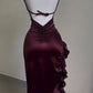 Burgundy Straps Open Back Ruffles Sheath Satin Midi Party Dress MD7478