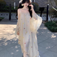 Vacation Spaghetti Straps Pleated Bowknot Embroidered Asymmetrical Hem Maxi Summer Dress Women Dress D2000