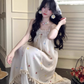 Vacation Spaghetti Straps Pleated Bowknot Embroidered Asymmetrical Hem Maxi Summer Dress Women Dress D2000