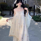 Vacation Spaghetti Straps Pleated Bowknot Embroidered Asymmetrical Hem Maxi Summer Dress Women Dress D2000