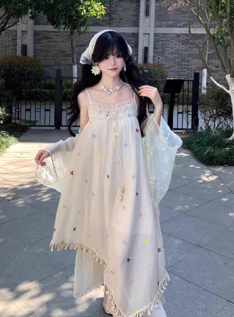 Vacation Spaghetti Straps Pleated Bowknot Embroidered Asymmetrical Hem Maxi Summer Dress Women Dress D2000