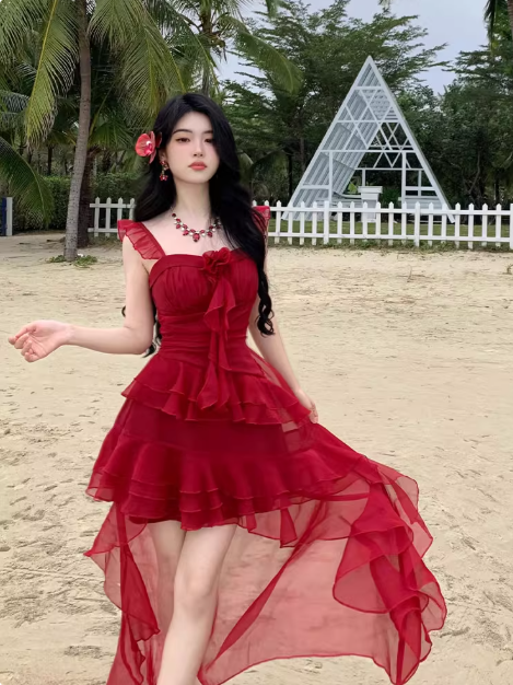 Vacation Hi-lo Pleated Tiered Ruffle Beach Summer Dress Women Date Dress D2001