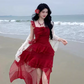 Vacation Hi-lo Pleated Tiered Ruffle Beach Summer Dress Women Date Dress D2001