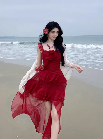 Vacation Hi-lo Pleated Tiered Ruffle Beach Summer Dress Women Date Dress D2001