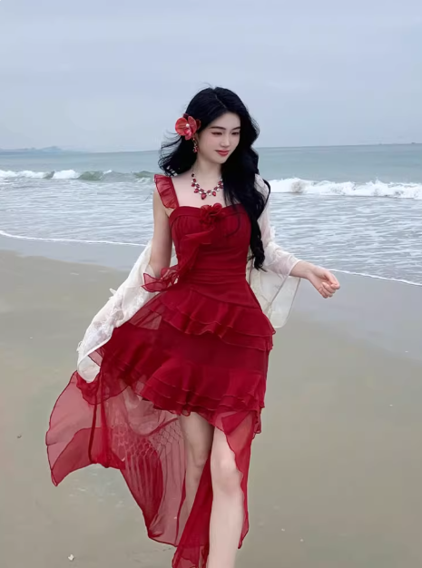 Vacation Hi-lo Pleated Tiered Ruffle Beach Summer Dress Women Date Dress D2001