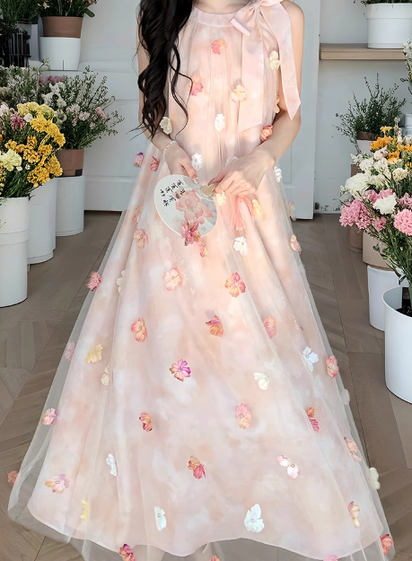 Seaside Halter 3D Flower Tulle Printing Vacation Beach Summer Dress Women Date Dress D2002