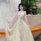 Versatile Spaghetti Straps Lace Neck Lace up Floral Pleated Maxi Dress Women Summer Vacation Dress D2003