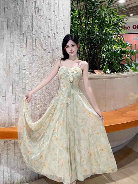 Versatile Spaghetti Straps Lace Neck Lace up Floral Pleated Maxi Dress Women Summer Vacation Dress D2003