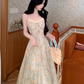 Versatile Spaghetti Straps Lace Neck Lace up Floral Pleated Maxi Dress Women Summer Vacation Dress D2003