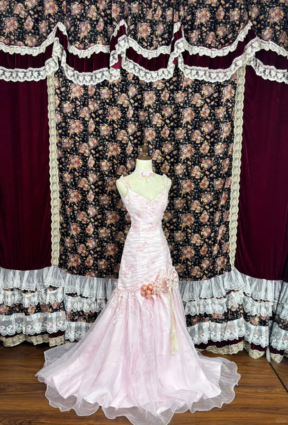 Sweet Spaghetti Straps Embroidered Flower Pleated Tulle Ruffle Prom Dress Birthday Party Dress Quinceanera Dress Evening Dress D2007