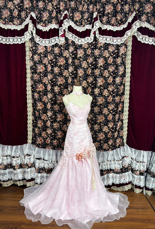 Sweet Spaghetti Straps Embroidered Flower Pleated Tulle Ruffle Prom Dress Birthday Party Dress Quinceanera Dress Evening Dress D2007