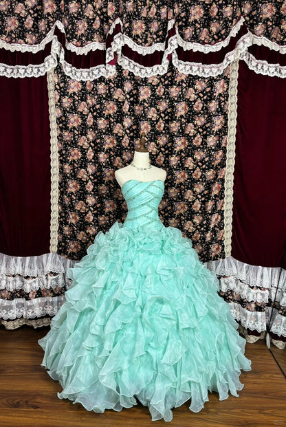 Cute Strapless Crystal Beading Pleated Ruffle Ball Gown Prom Dress Quinceanera Evening Dance D2010
