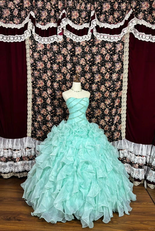 Cute Strapless Crystal Beading Pleated Ruffle Ball Gown Prom Dress Quinceanera Evening Dance D2010