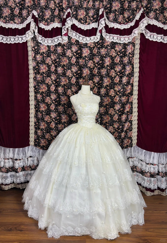 Beauty Strapless Flower Bowknot Rhinestone Lace Pleated Ball Gown Quinceanera Dress Birthday Dress Prom Dress D2011