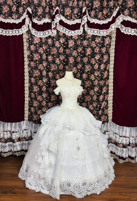 Elegant Off the Shoulder Flower Lace Crystal Ruffle Ball Gown Quinceanera Dress Birthday Dress Prom Dress D2013