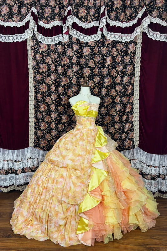 Sweet Asymmetrical Neck Floral Pearl Crystal Ruffle Tiered Ball Gown Princess Dress Quinceanera Dress Prom Dress Evening Dress  D2014
