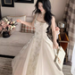 Pretty A Line Square Neck Embroidered Buttlefly Pleated Maxi Dress Women Summer Date Dress  D2015