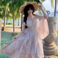Vacation Spaghetti Straps Pleated Ruffle Asymmetrical Hem Short Skirt Women Summer Dress   D2016