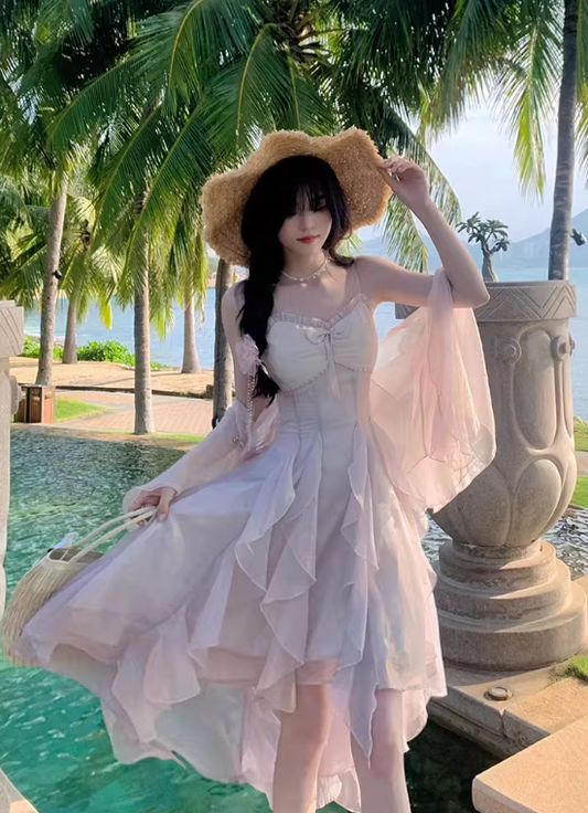 Vacation Spaghetti Straps Pleated Ruffle Asymmetrical Hem Short Skirt Women Summer Dress   D2016
