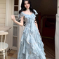 Vacation Square Neck Printing Floral Ruffle Maxi Skirt Women Dress Summer Seaside Dress    D2017