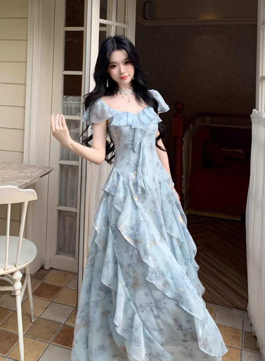 Vacation Square Neck Printing Floral Ruffle Maxi Skirt Women Dress Summer Seaside Dress    D2017