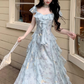 Vacation Square Neck Printing Floral Ruffle Maxi Skirt Women Dress Summer Seaside Dress    D2017