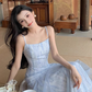 Vacation A Line Spaghetti Straps Printing Tulle Maxi Skirt Women Dress Summer Seaside Dress     D2018