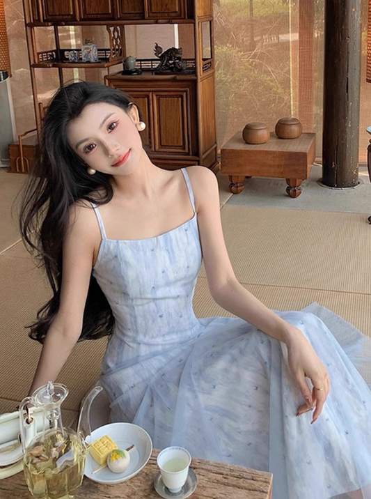 Vacation A Line Spaghetti Straps Printing Tulle Maxi Skirt Women Dress Summer Seaside Dress     D2018