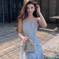Vacation A Line Spaghetti Straps Printing Tulle Maxi Skirt Women Dress Summer Seaside Dress     D2018