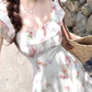 Seaside A Line Printing Floral Lace-up Pleated Skirt Women Dress Summer Date Dress     D2020