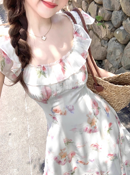 Seaside A Line Printing Floral Lace-up Pleated Skirt Women Dress Summer Date Dress     D2020