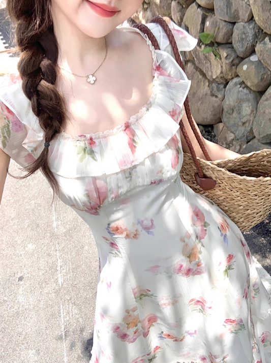 Seaside A Line Printing Floral Lace-up Pleated Skirt Women Dress Summer Date Dress     D2020