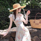 Seaside A Line Printing Floral Lace-up Pleated Skirt Women Dress Summer Date Dress     D2020