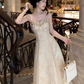 Vintage A Line Spaghetti Straps Sequins Printing Long Skirt Women Dress Summer Date Dress    D2021