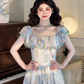 Vintage Oil painting A Line Square Neck Print Pleated  Maxi Skirt Women Dress Summer Date Dress    D2022