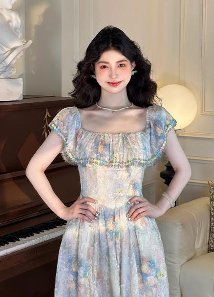 Vintage Oil painting A Line Square Neck Print Pleated  Maxi Skirt Women Dress Summer Date Dress    D2022