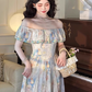 Vintage Oil painting A Line Square Neck Print Pleated  Maxi Skirt Women Dress Summer Date Dress    D2022
