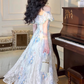 Vintage Oil painting A Line Square Neck Print Pleated  Maxi Skirt Women Dress Summer Date Dress    D2022