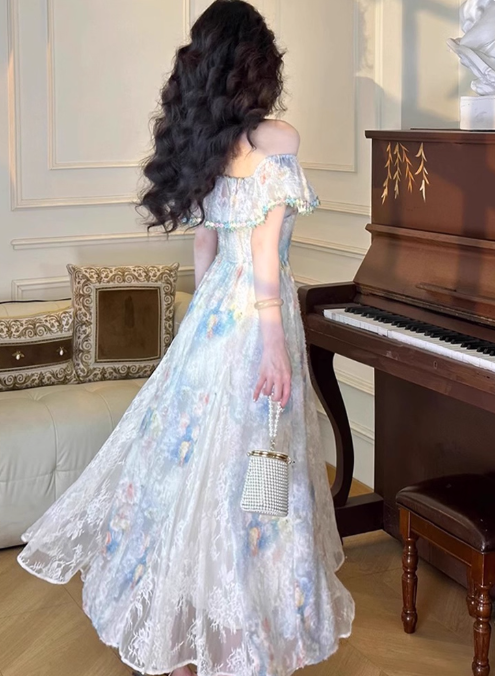 Vintage Oil painting A Line Square Neck Print Pleated  Maxi Skirt Women Dress Summer Date Dress    D2022